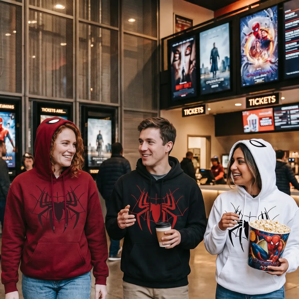 Amigos com moletons do Homem-Aranha no cinema